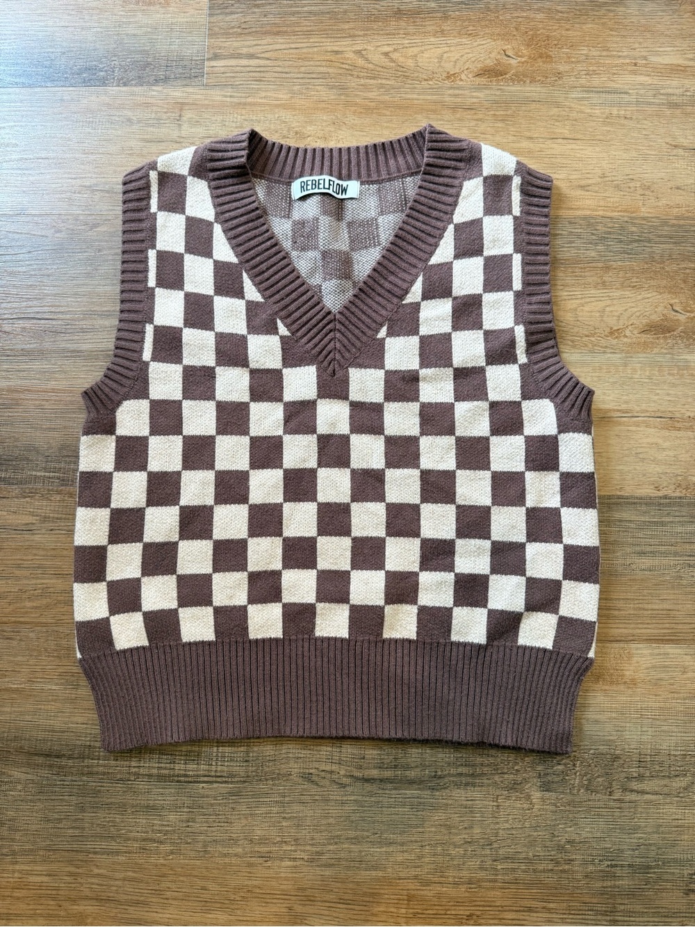 RebelFlow Brown & Cream Check V-Neck Sweater Vest
